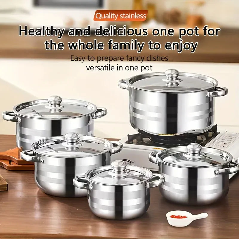 Essentialshouses 10/12pcs- Stainless Steel Pots And Pans 6pots+6pots - Heavy-Duty, Non-stick Cookware Set with Lid for Stew, Simmering, Soup -