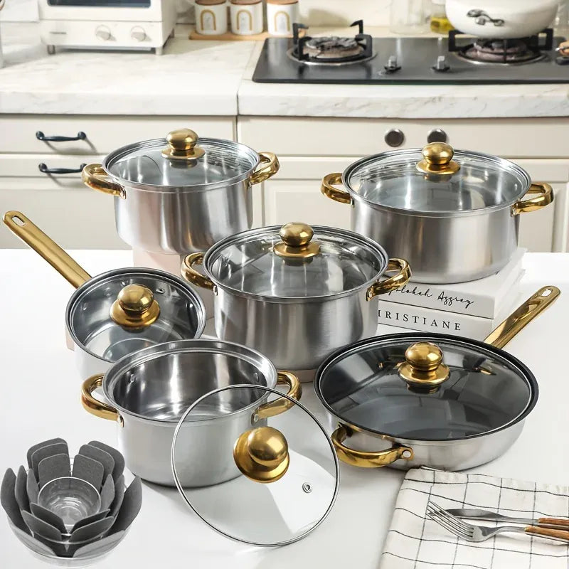 Essentialshouses 10/12pcs- Stainless Steel Pots And Pans 6pots+6pots - Heavy-Duty, Non-stick Cookware Set with Lid for Stew, Simmering, Soup -