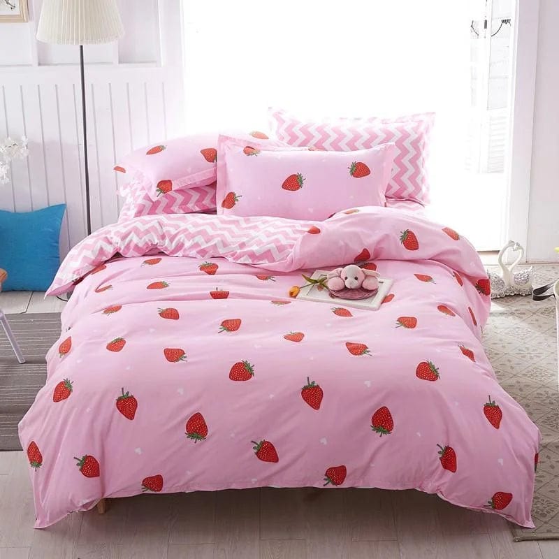 Essentialshouses 12 / Double Cover 200x200 / Flat Bed Sheet Gray Pink Bear Pattern Duvet Cover