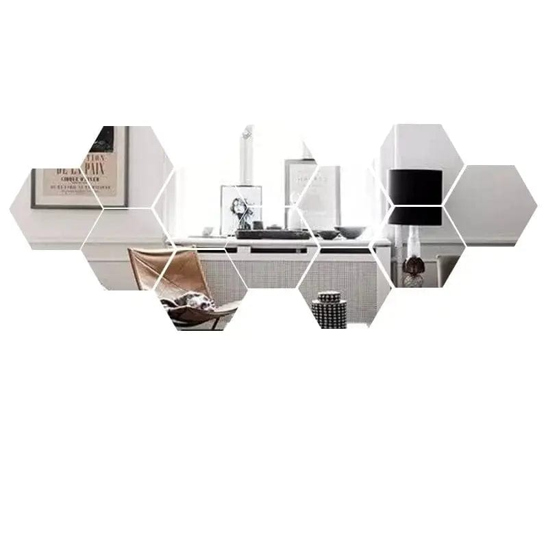Essentialshouses 12PCS Silver / L 126x110x63mm 🔳3D Mirror Hexagon Wall Stickers – DIY Self-Adhesive Décor
