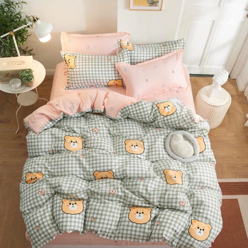 Essentialshouses 14 / Double Cover 200x200 / Flat Bed Sheet Gray Pink Bear Pattern Duvet Cover