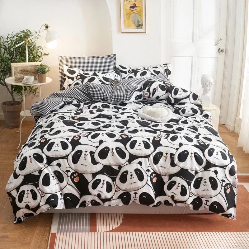 Essentialshouses 15 / Double Cover 200x200 / Flat Bed Sheet Gray Pink Bear Pattern Duvet Cover