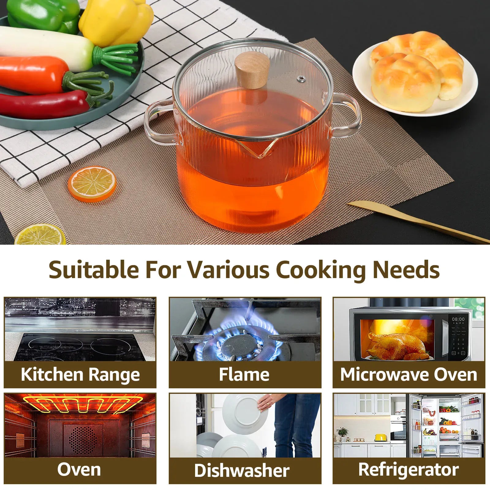 Essentialshouses 1600ML/2300ML Glass Cooking Pot Transparent Borosilicate Glass Simmer Pot with Lid Multifunctional Stew Pots for Cooking Kitchen
