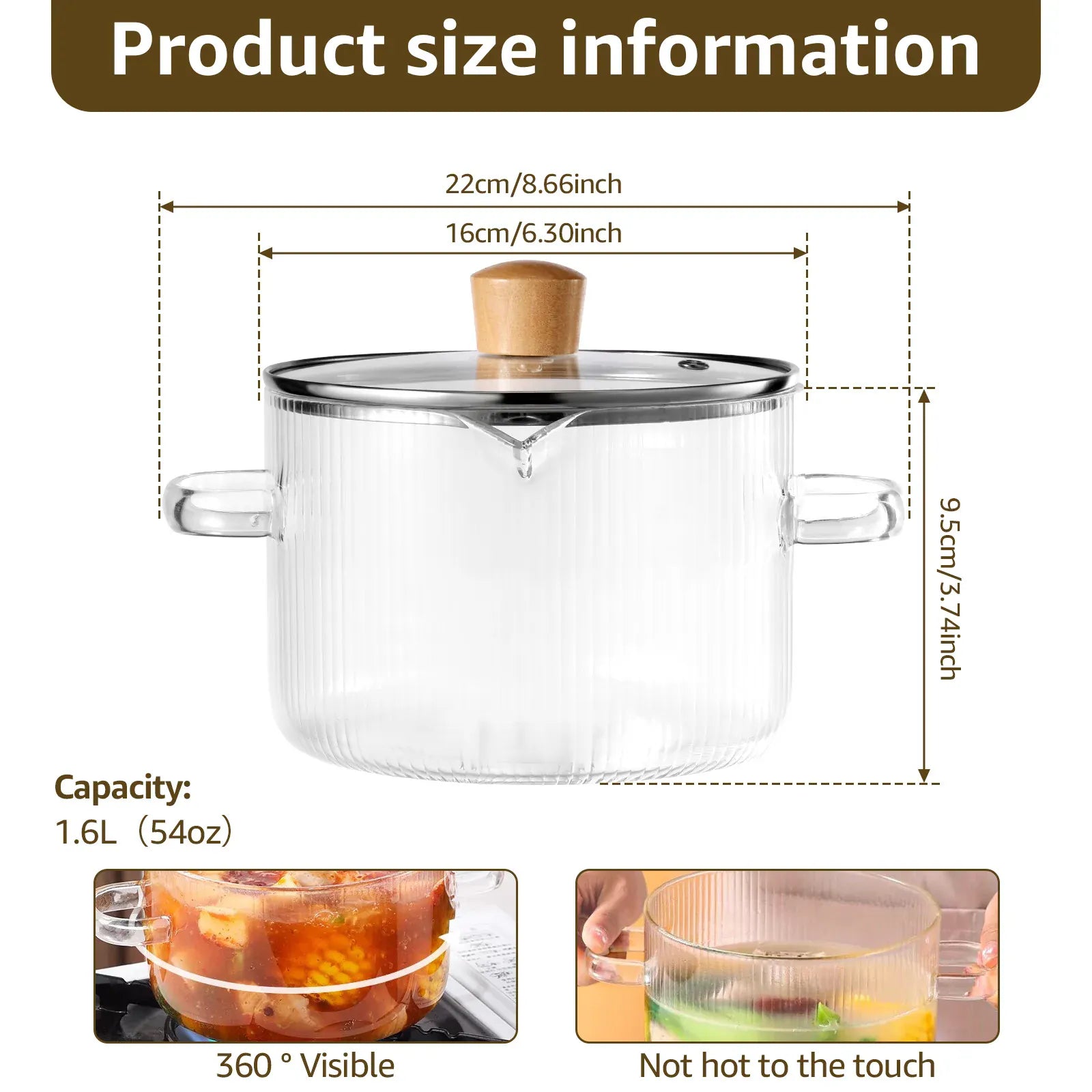 Essentialshouses 1600ML/2300ML Glass Cooking Pot Transparent Borosilicate Glass Simmer Pot with Lid Multifunctional Stew Pots for Cooking Kitchen