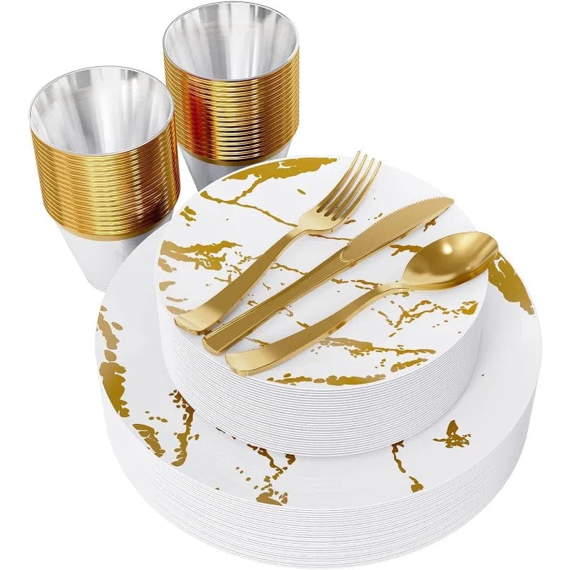 Disposable White Gold Plastic Dinnerware Set - Essentialshouses