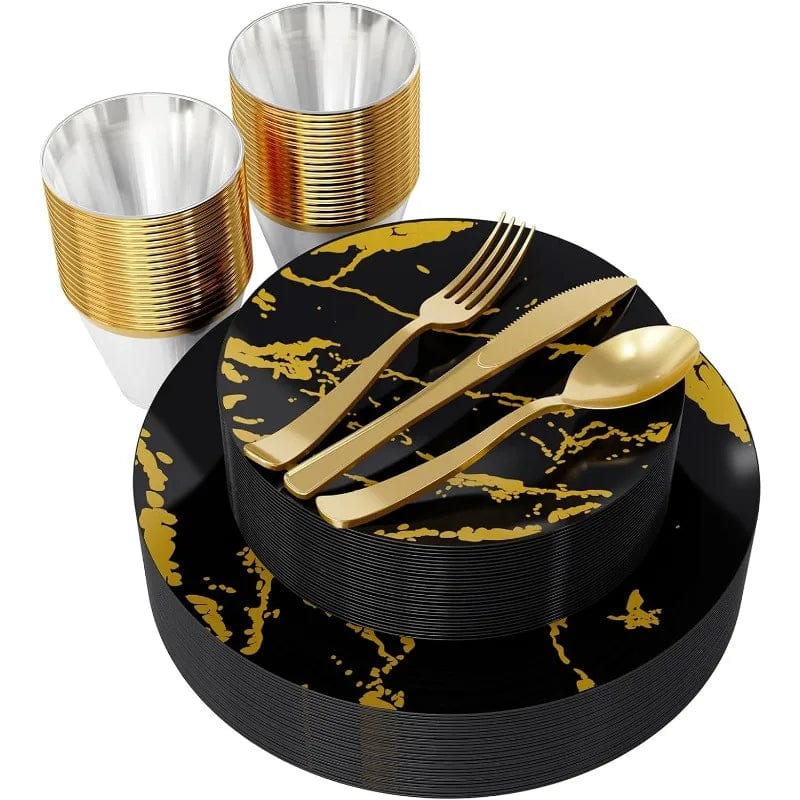 Disposable White Gold Plastic Dinnerware Set - Essentialshouses
