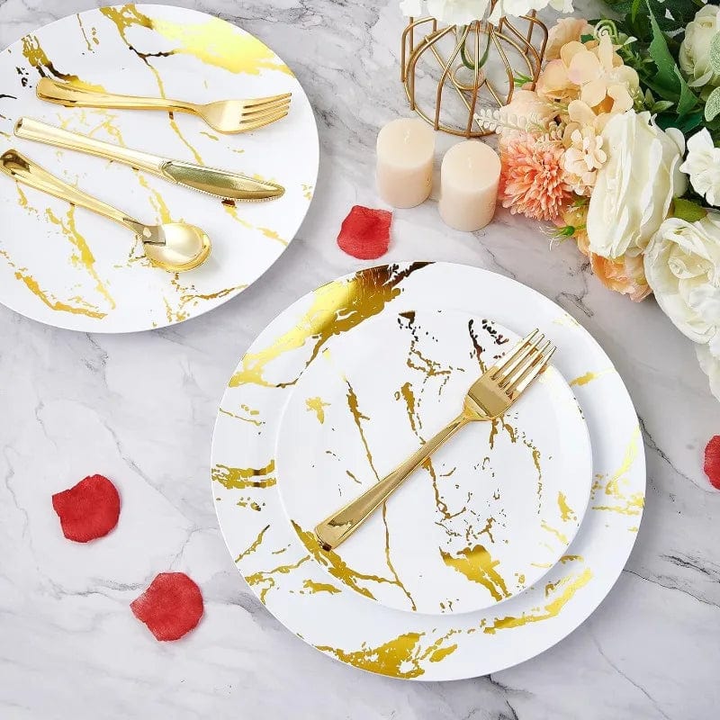 Disposable White Gold Plastic Dinnerware Set - Essentialshouses