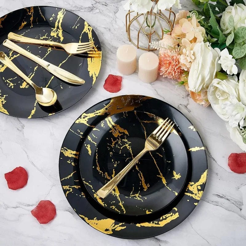 Disposable White Gold Plastic Dinnerware Set - Essentialshouses