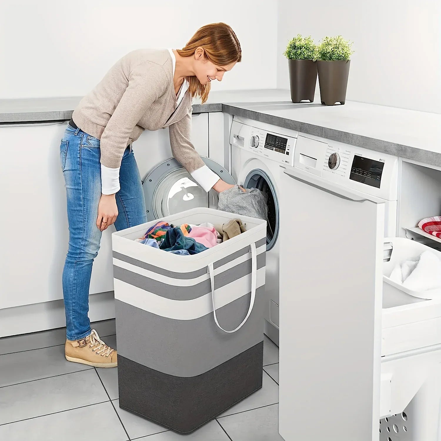 Essentialshouses 1PCS Extra Large Waterproof Laundry Hamper with Extended Handle - Foldable, Freestanding Clothes and Toys Organizer, Laundry Hamper