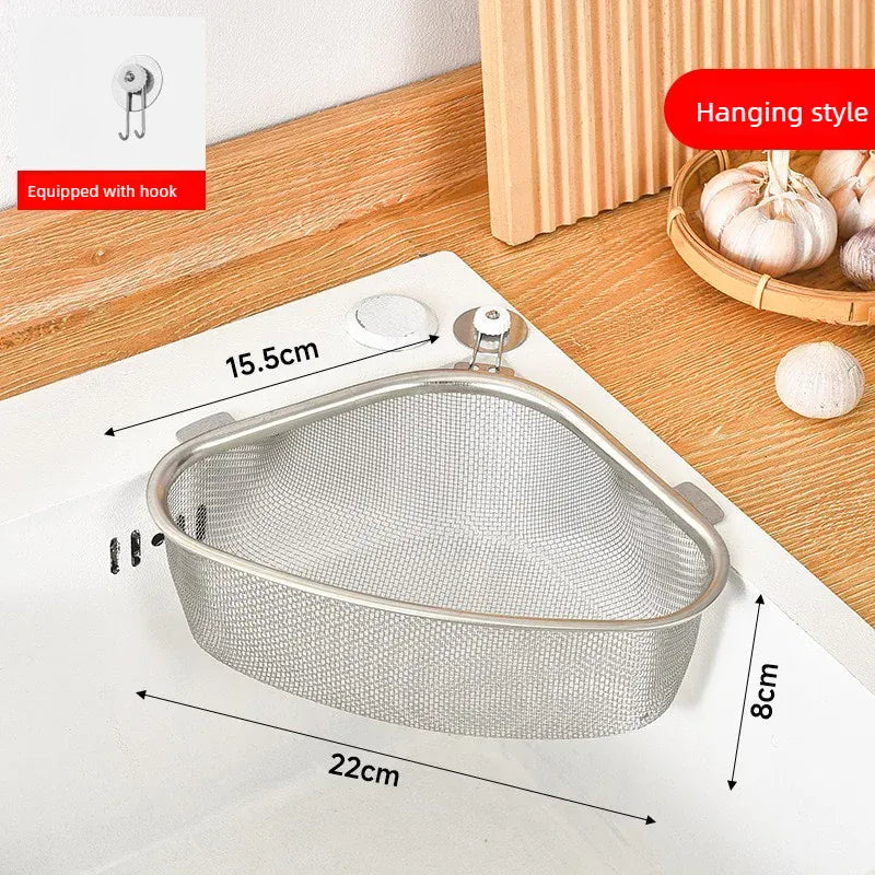 Essentialshouses 1Pcs Sink Drainer Basket Stainless Steel Triangle Sink Strainer for Hanging Soap Drain Rack Faucet Corner Vegetable Washing Basket