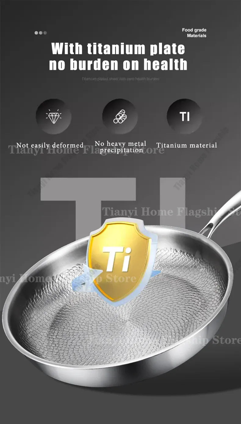 Essentialshouses 22/24/26/28/30cm Titanium Stainless Steel Frying Pan Non-stick Wok Home Egg Steak Skillet Induction Gas Stove Kitchen Cookware