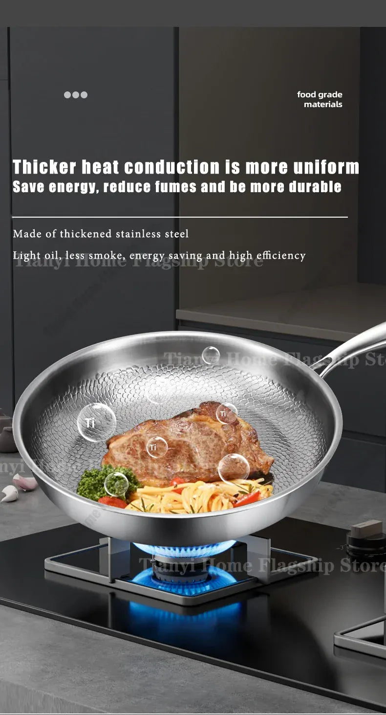 Essentialshouses 22/24/26/28/30cm Titanium Stainless Steel Frying Pan Non-stick Wok Home Egg Steak Skillet Induction Gas Stove Kitchen Cookware