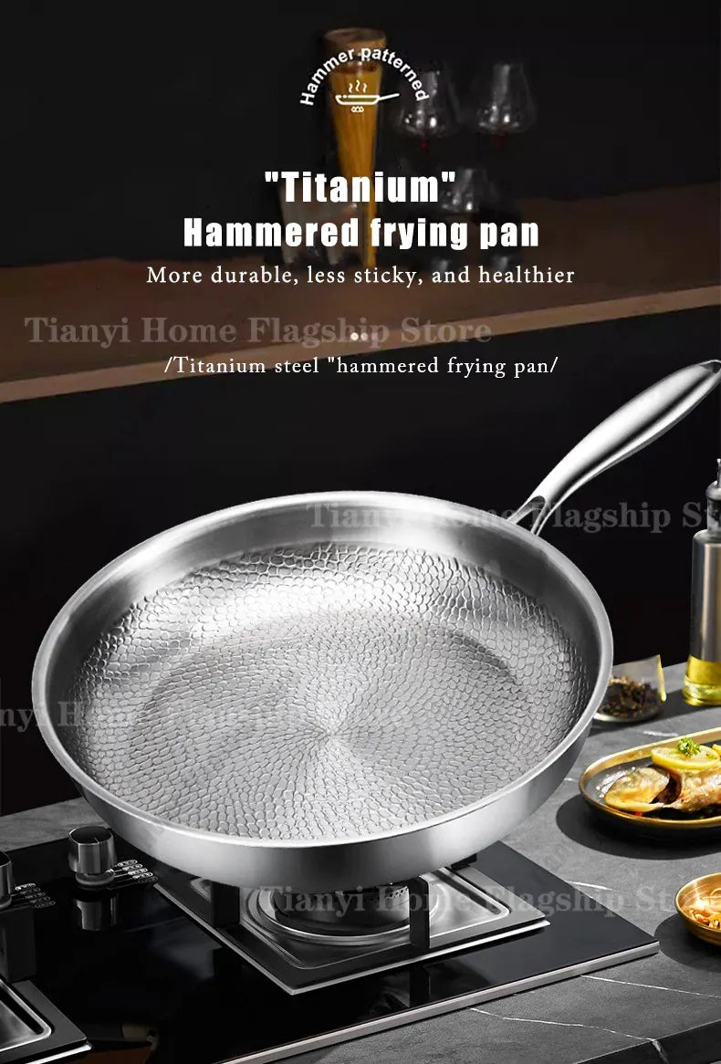 Essentialshouses 22/24/26/28/30cm Titanium Stainless Steel Frying Pan Non-stick Wok Home Egg Steak Skillet Induction Gas Stove Kitchen Cookware