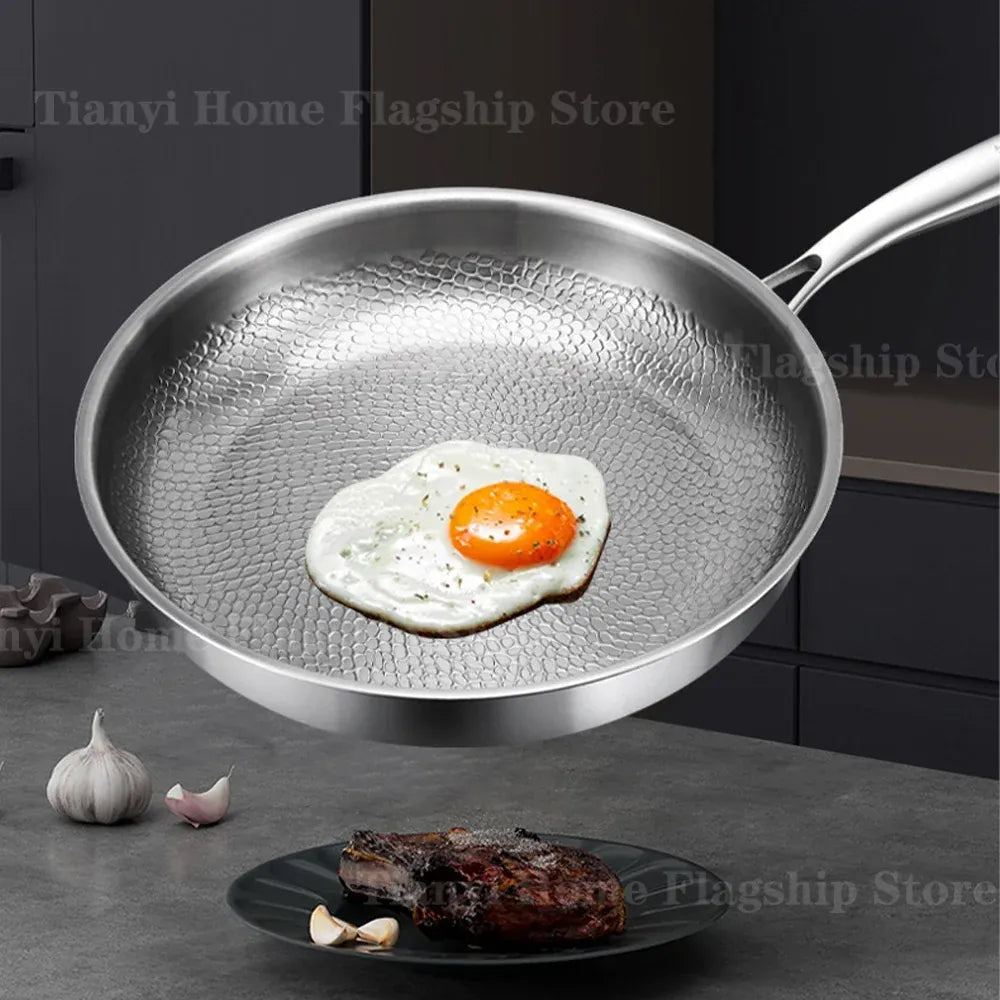 Essentialshouses 22/24/26/28/30cm Titanium Stainless Steel Frying Pan Non-stick Wok Home Egg Steak Skillet Induction Gas Stove Kitchen Cookware