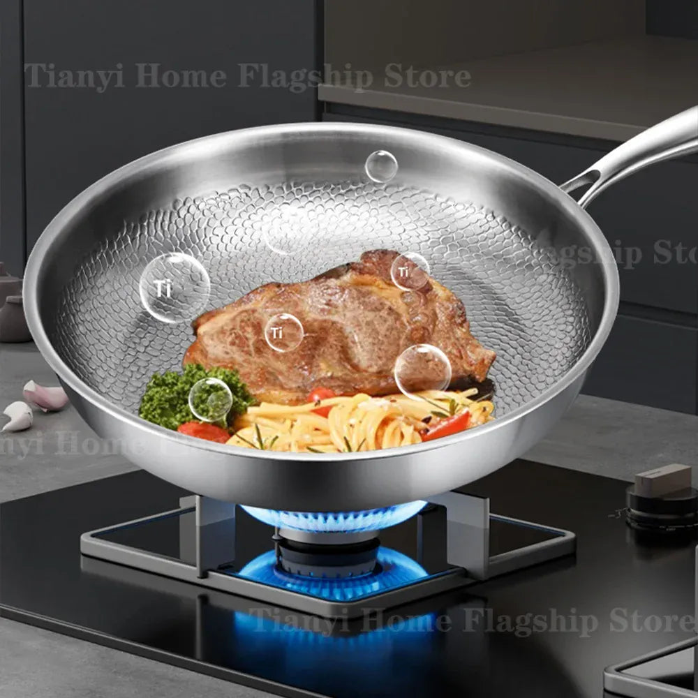 Essentialshouses 22/24/26/28/30cm Titanium Stainless Steel Frying Pan Non-stick Wok Home Egg Steak Skillet Induction Gas Stove Kitchen Cookware