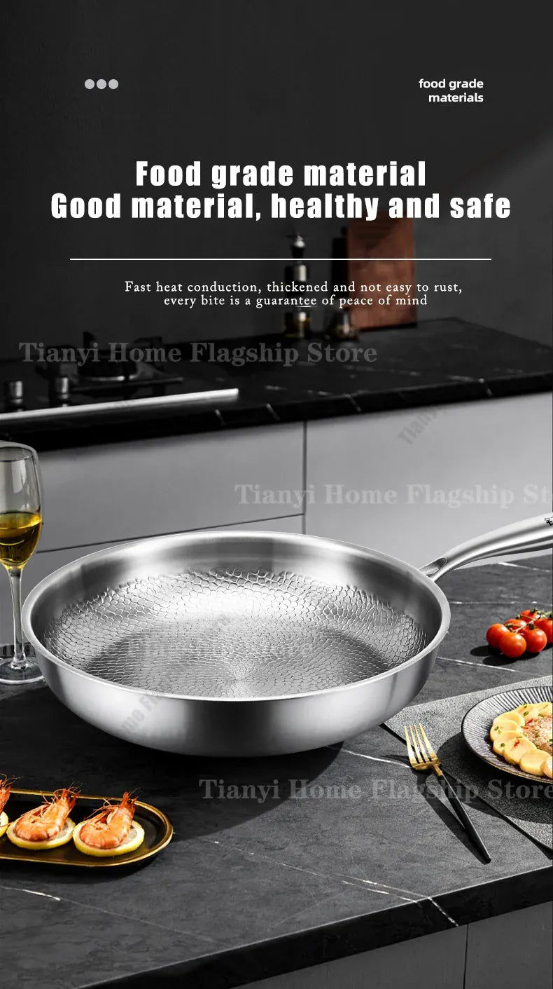 Essentialshouses 22/24/26/28/30cm Titanium Stainless Steel Frying Pan Non-stick Wok Home Egg Steak Skillet Induction Gas Stove Kitchen Cookware