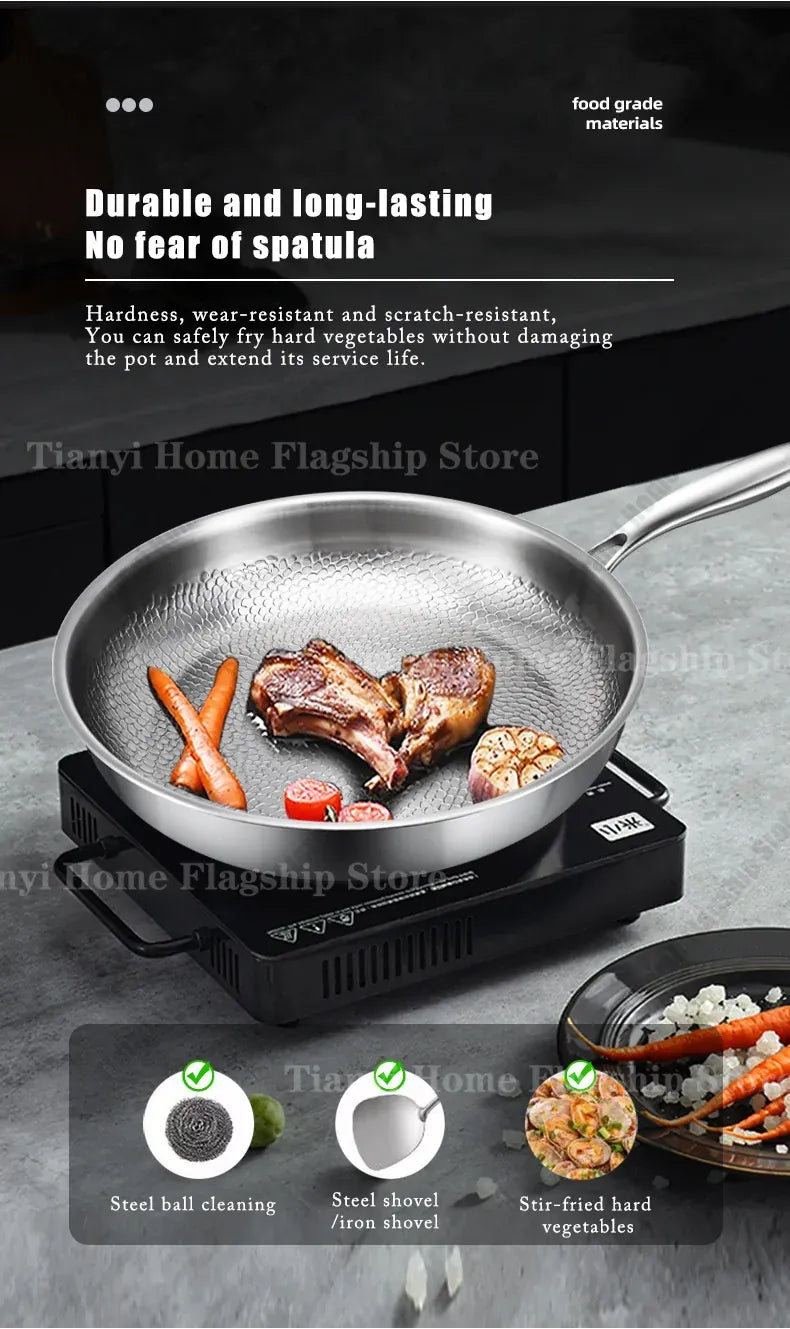 Essentialshouses 22/24/26/28/30cm Titanium Stainless Steel Frying Pan Non-stick Wok Home Egg Steak Skillet Induction Gas Stove Kitchen Cookware