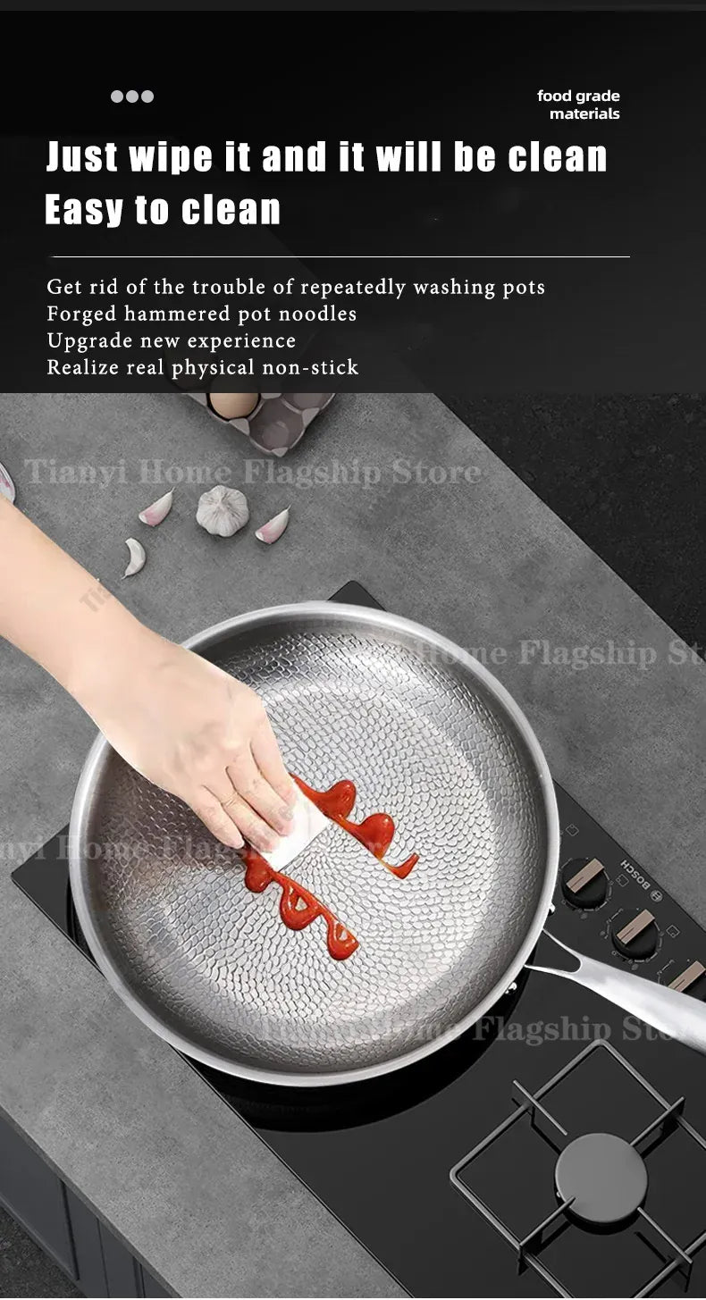 Essentialshouses 22/24/26/28/30cm Titanium Stainless Steel Frying Pan Non-stick Wok Home Egg Steak Skillet Induction Gas Stove Kitchen Cookware