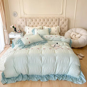 Essentialshouses 3 / Queen 200X230 4pcs / Flat Bed Sheet Lace Ruffles Flowers Bedding Set