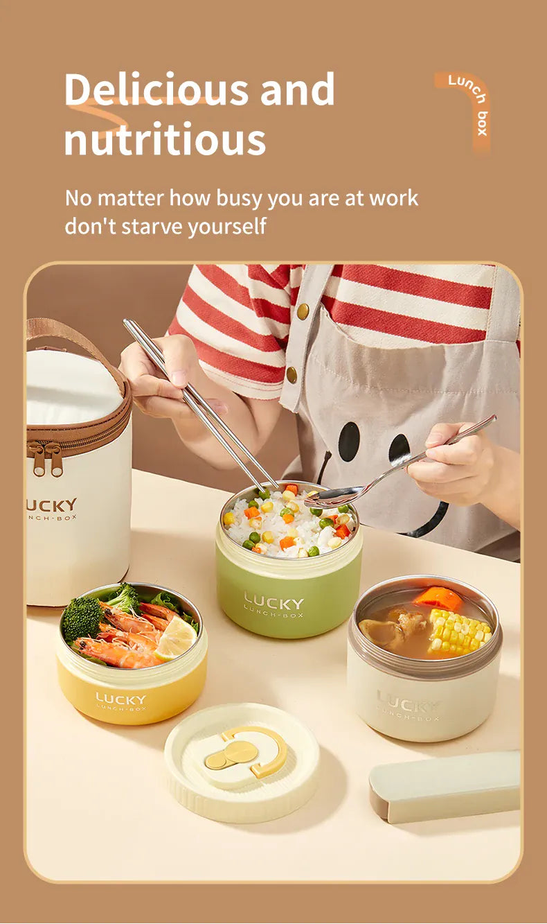 Essentialshouses 304 Stainless Steel Insulated Bento Box Microwave Heatable Round Sealed Thermal Lunch Box For Kids Students Food Container