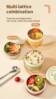 Essentialshouses 304 Stainless Steel Insulated Bento Box Microwave Heatable Round Sealed Thermal Lunch Box For Kids Students Food Container