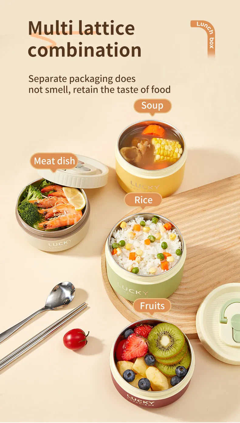 Essentialshouses 304 Stainless Steel Insulated Bento Box Microwave Heatable Round Sealed Thermal Lunch Box For Kids Students Food Container