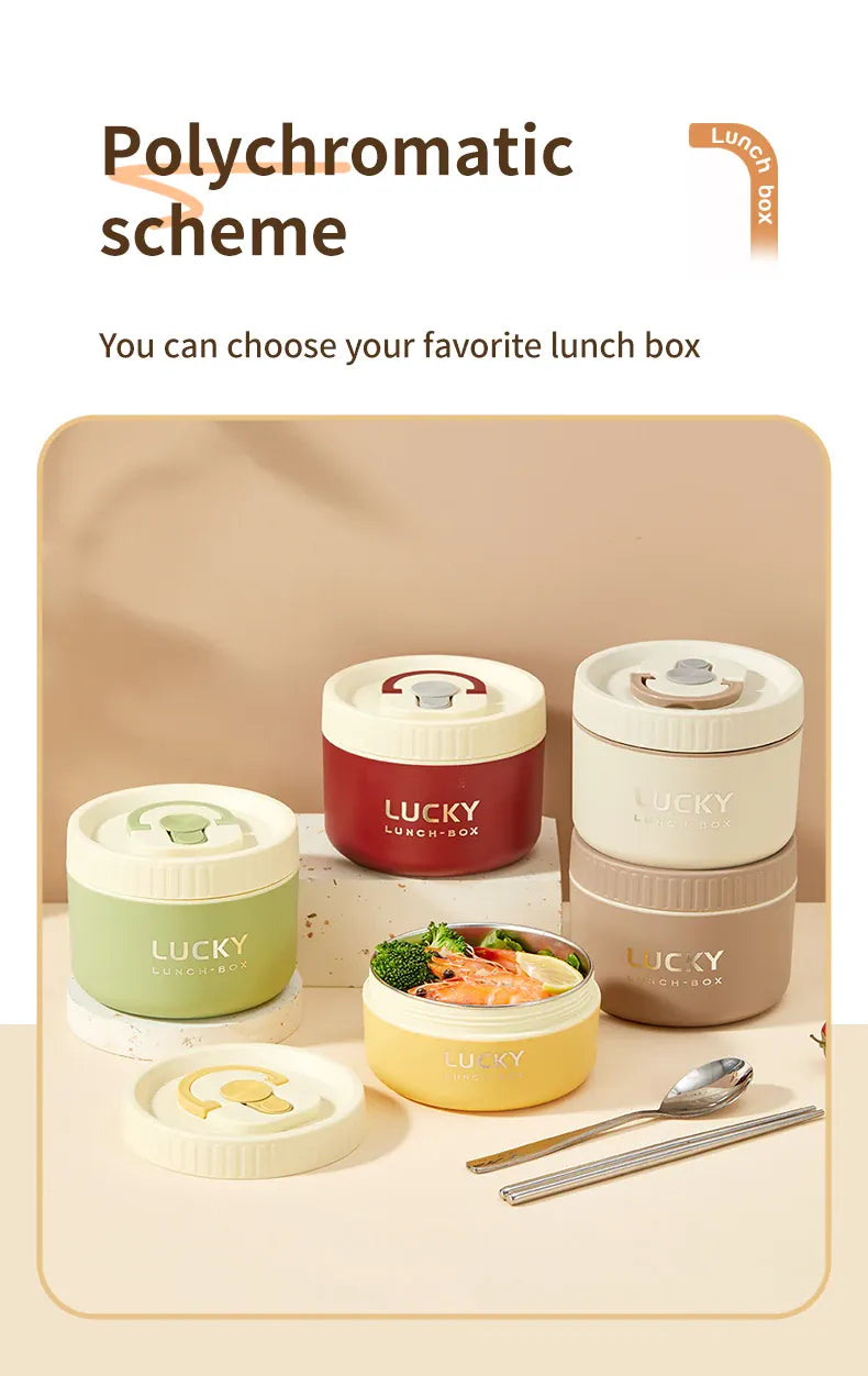 Essentialshouses 304 Stainless Steel Insulated Bento Box Microwave Heatable Round Sealed Thermal Lunch Box For Kids Students Food Container