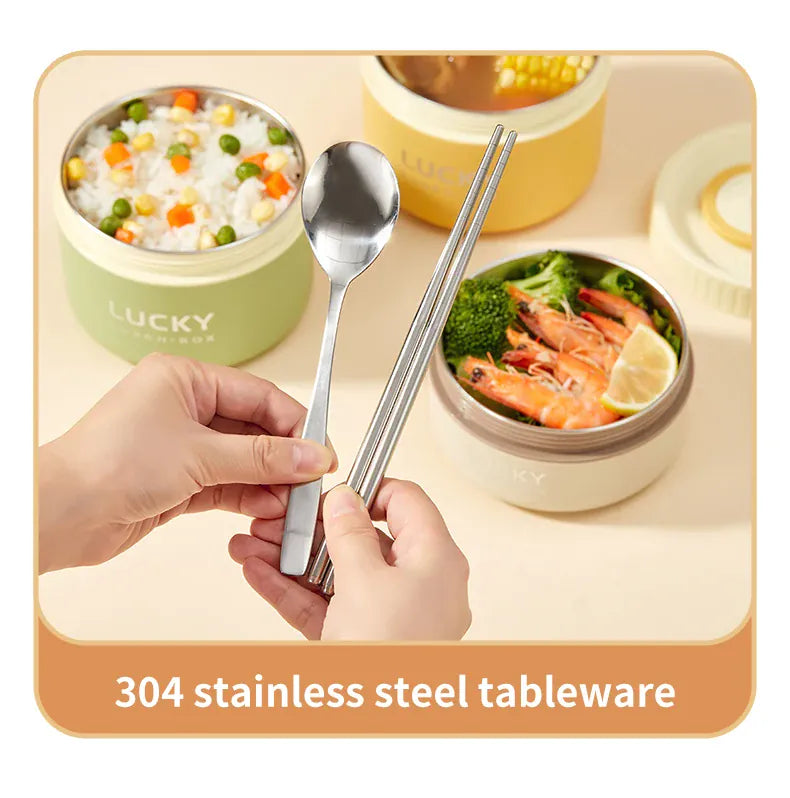 Essentialshouses 304 Stainless Steel Insulated Bento Box Microwave Heatable Round Sealed Thermal Lunch Box For Kids Students Food Container
