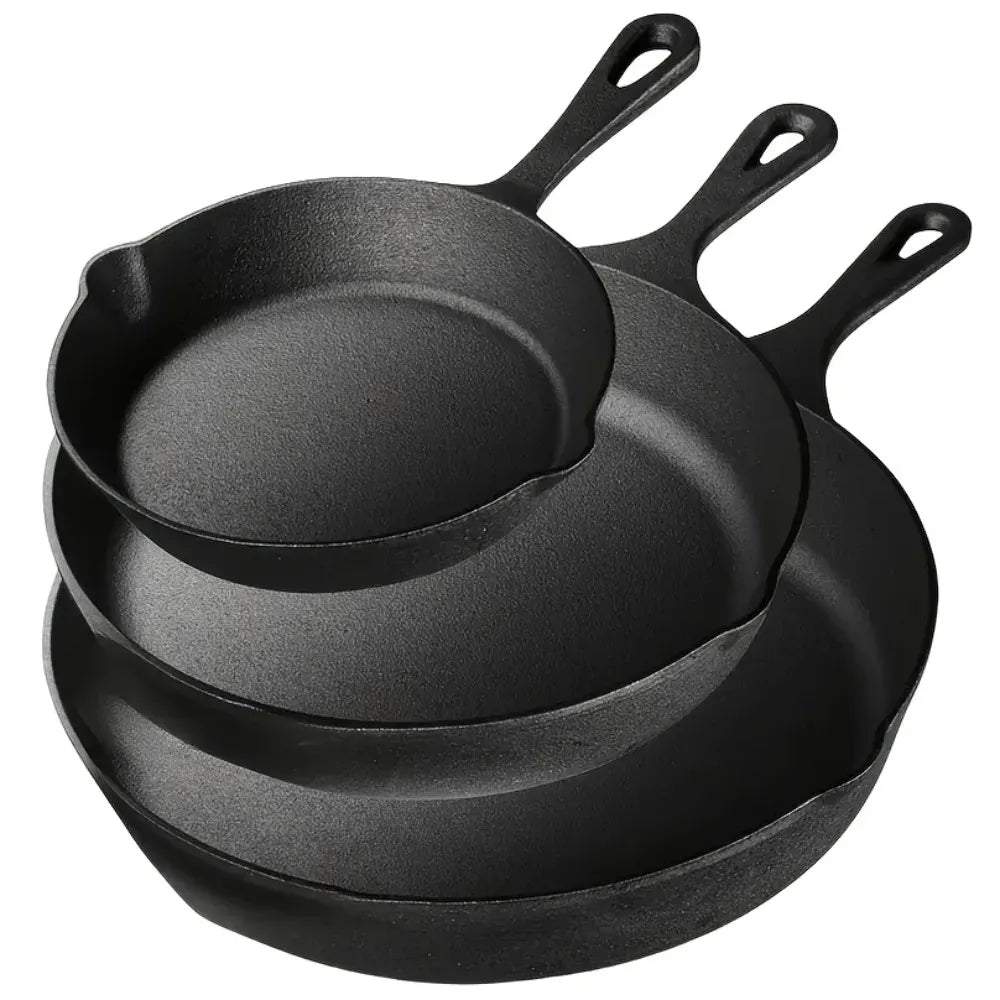 Essentialshouses 3PCS Cast Iron Skillet Set (6/8/10 Inch)  Pre-Seasoned, Heavy-Duty Pans for Oven, Grill & Campfire, Even Heat, Non-Stick Surface