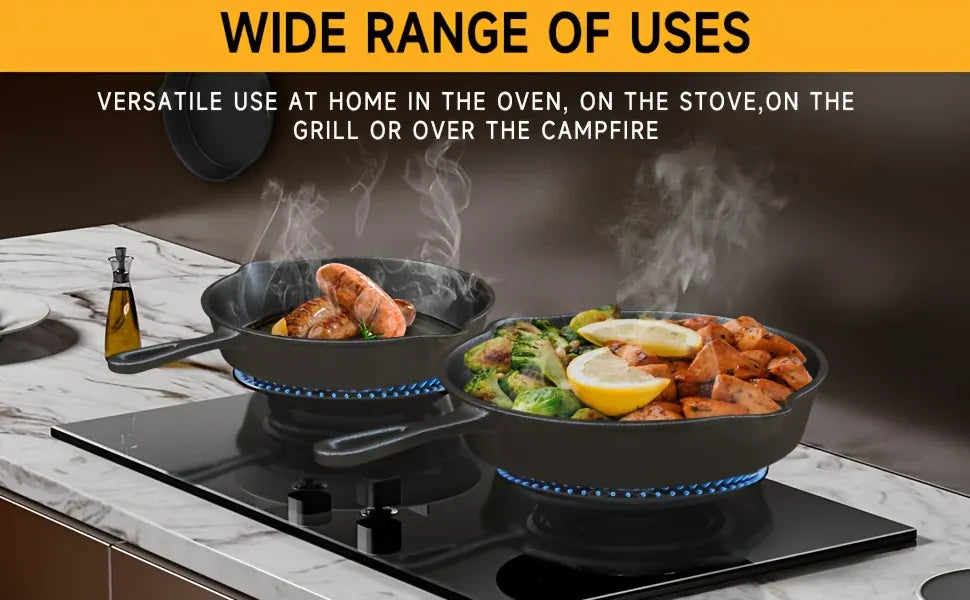 Essentialshouses 3PCS Cast Iron Skillet Set (6/8/10 Inch)  Pre-Seasoned, Heavy-Duty Pans for Oven, Grill & Campfire, Even Heat, Non-Stick Surface