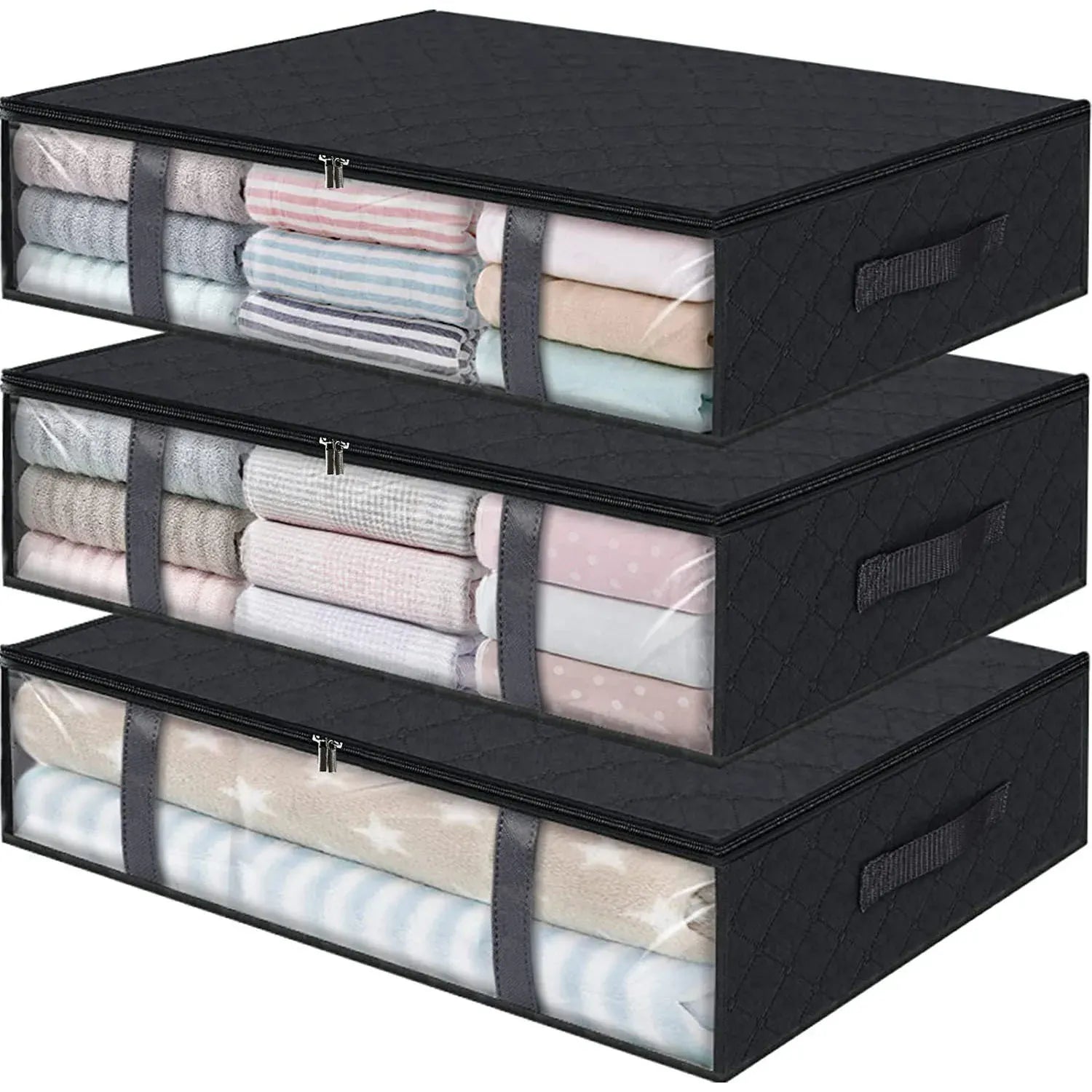 Essentialshouses 3Pcs Middle Black Foldable Under Bed Storage Containers with Clear Window Underbed Toy Organizers and Clothing Storage Bags Closet Storage Bins
