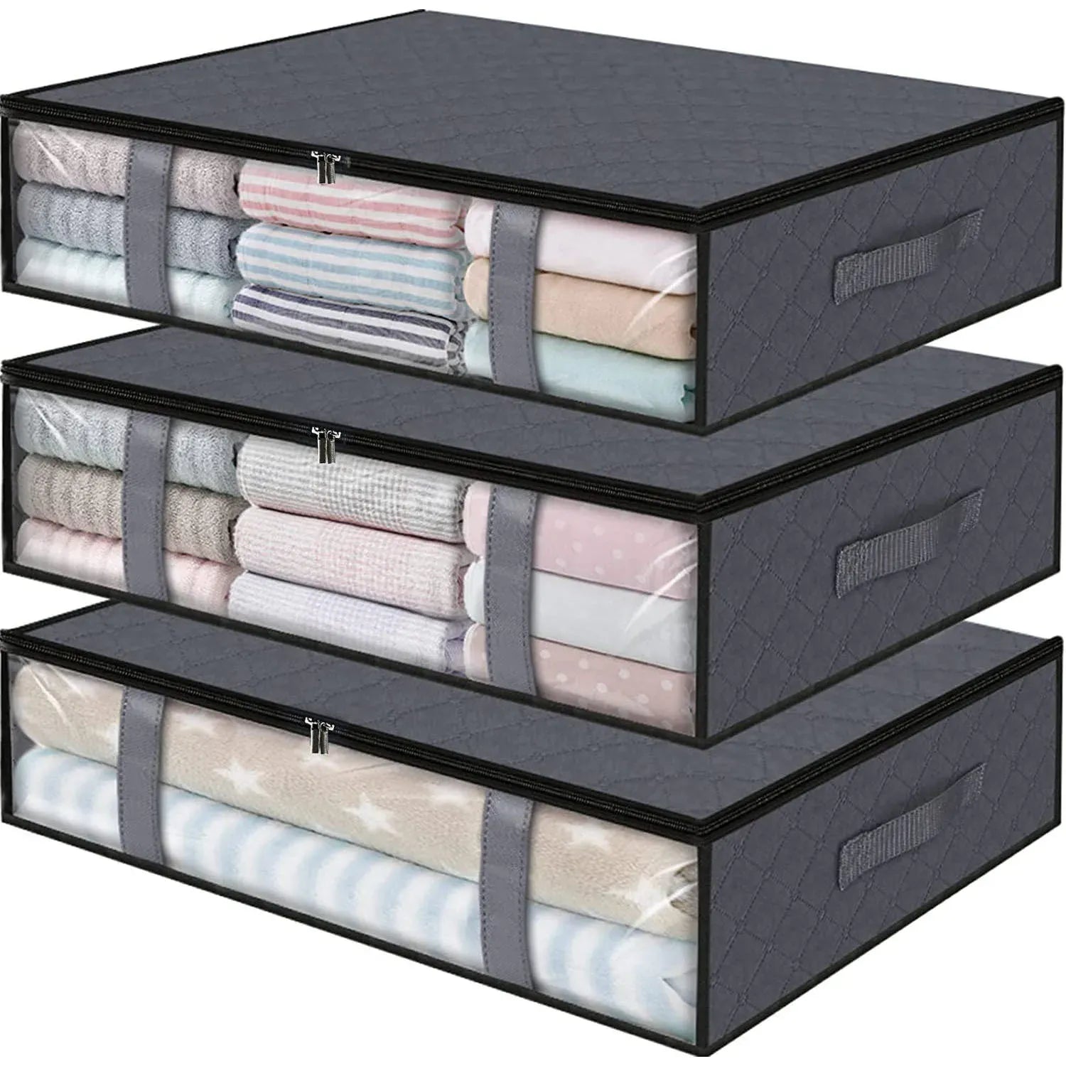 Essentialshouses 3Pcs Middle Gray Foldable Under Bed Storage Containers with Clear Window Underbed Toy Organizers and Clothing Storage Bags Closet Storage Bins