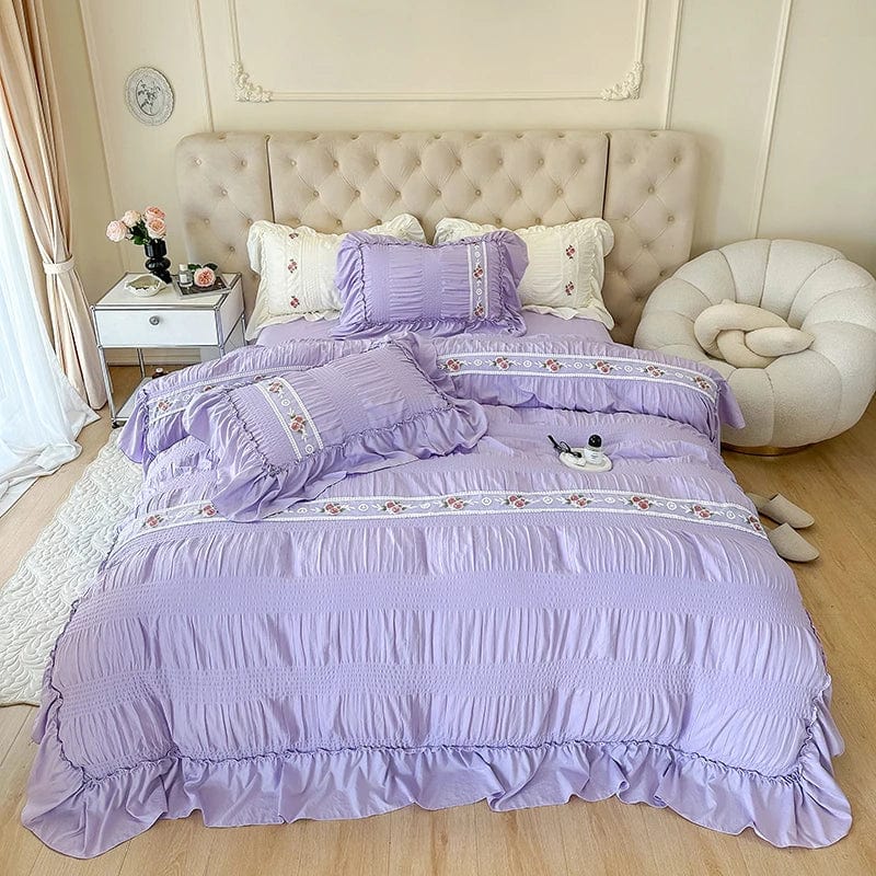 Essentialshouses 4 / Queen 200X230 4pcs / Flat Bed Sheet Lace Ruffles Flowers Bedding Set
