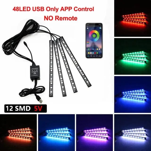 Essentialshouses 48LED APP USB Car Interior Ambient Foot Strip Light Kit