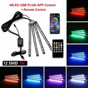 Essentialshouses 48LED Remote APP USB Car Interior Ambient Foot Strip Light Kit