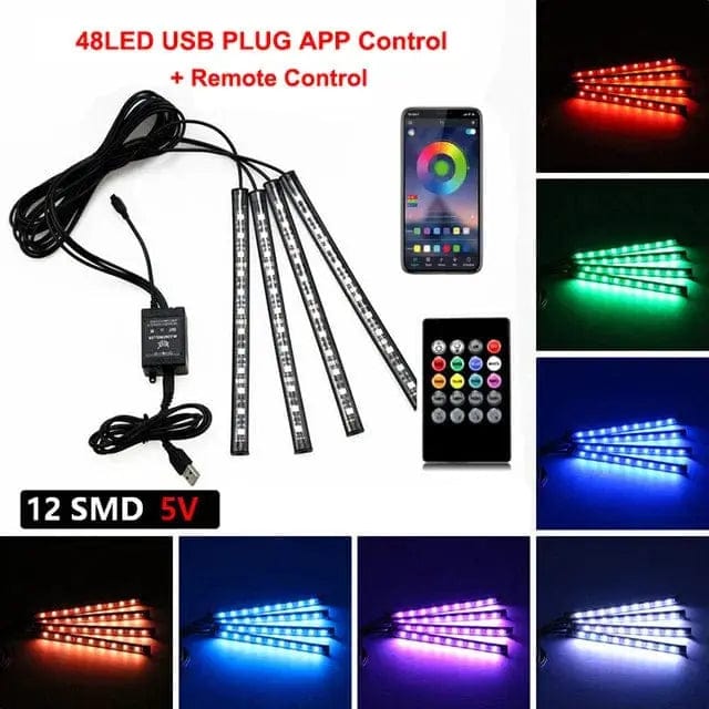 Essentialshouses 48LED Remote APP USB Car Interior Ambient Foot Strip Light Kit