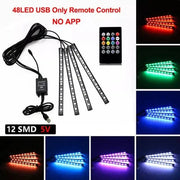 Essentialshouses 48LED Remote USB Car Interior Ambient Foot Strip Light Kit