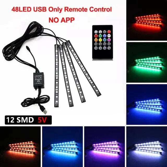 Essentialshouses 48LED Remote USB Car Interior Ambient Foot Strip Light Kit