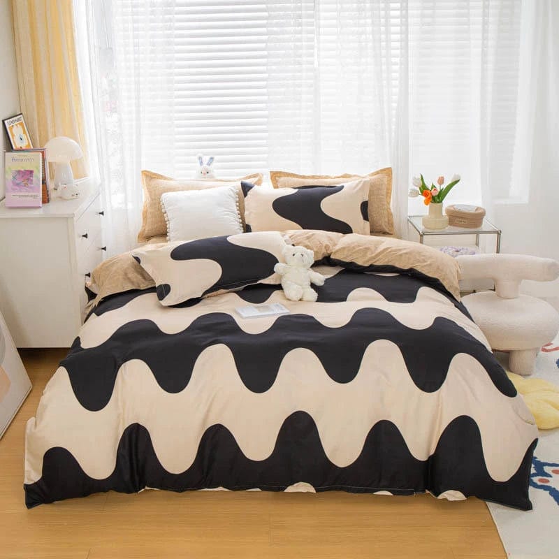 Essentialshouses 5 / Full Cover 180x220cm / Flat Bed Sheet Gray Pink Bear Pattern Duvet Cover