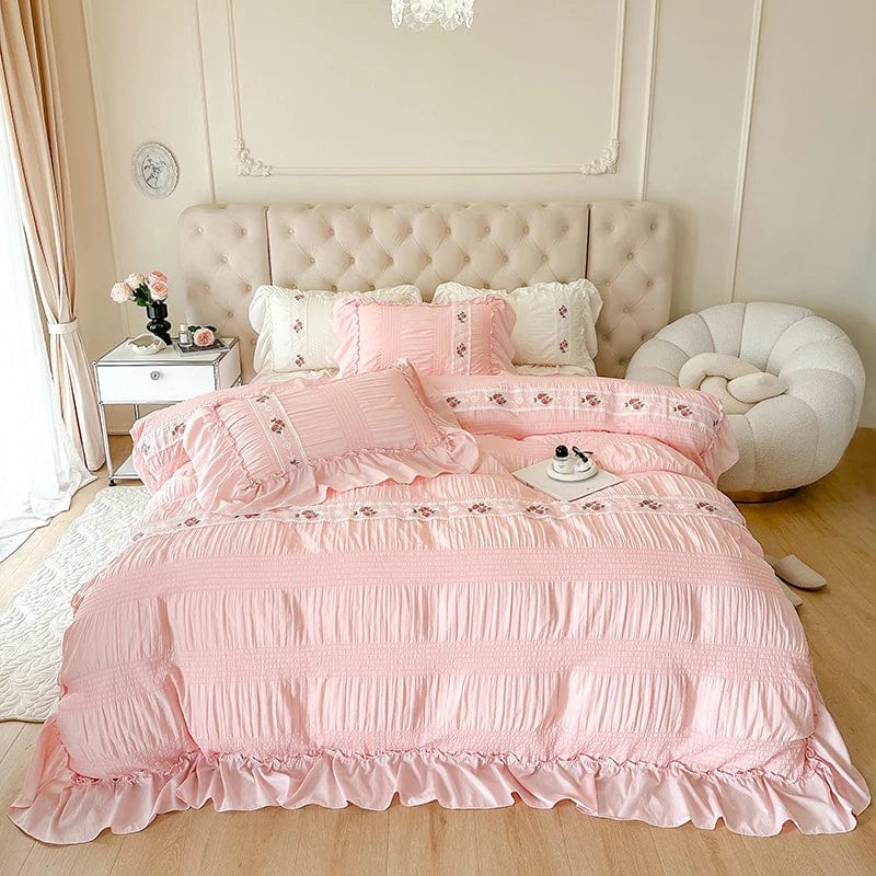 Essentialshouses 5 / Queen 200X230 4pcs / Fitted Bed Sheet Lace Ruffles Flowers Bedding Set