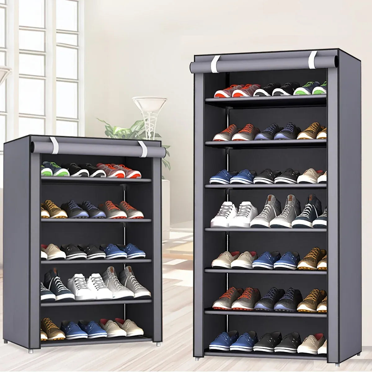 Essentials House 6, 8, and 10-Tier Multi-Color Dust-Proof Shoe Racks with Dust-Proof Rolling Shutter Doors, Easy to Assemble