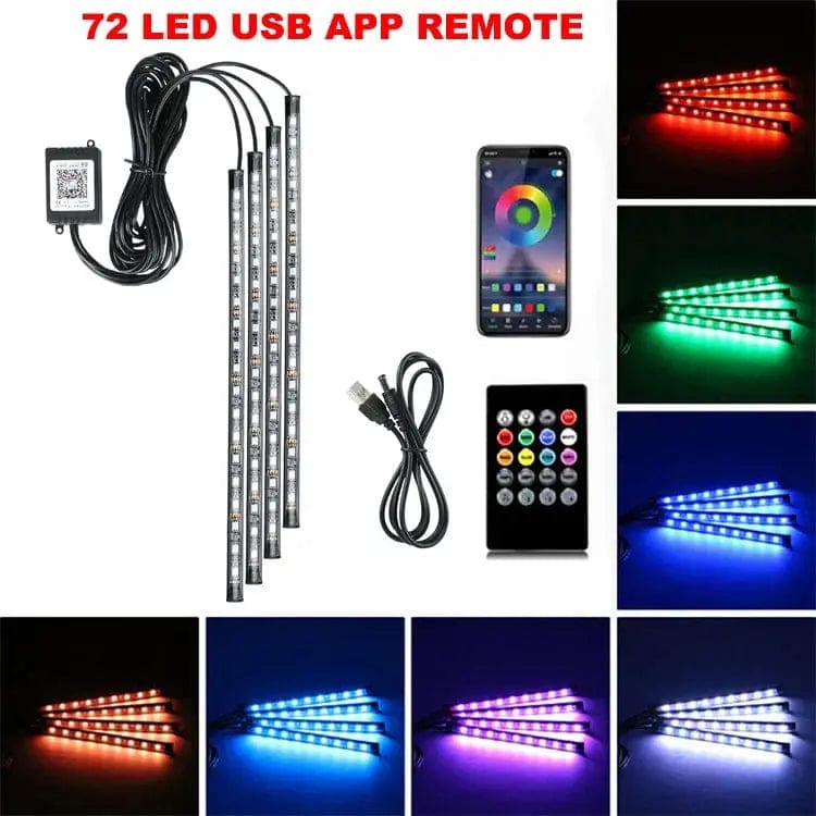 Essentialshouses 72LED Remote APP USB Car Interior Ambient Foot Strip Light Kit