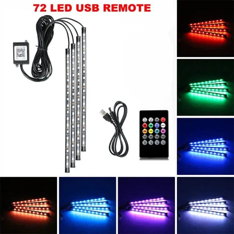 Essentialshouses 72LED Remote USB Car Interior Ambient Foot Strip Light Kit