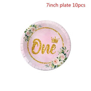 Essentialshouses 7inch plate 10pcs Pink Flower Crown Disposable Tableware