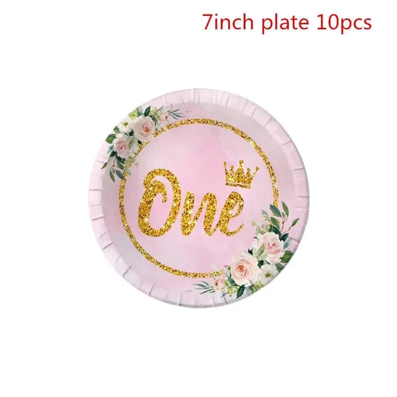 Essentialshouses 7inch plate 10pcs Pink Flower Crown Disposable Tableware