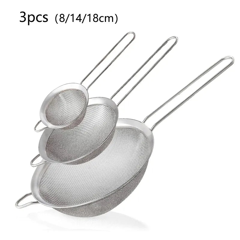 Essentialshouses A  3pcs / 2set 1-4pcs Fine Mesh Strainers Set Stainlesss Steel Multipurpose Flour Sieve Sifter With Handle Perfect For tea Flour Egg Kitchen To