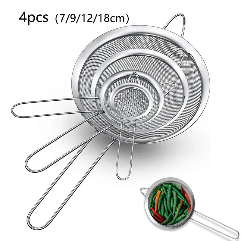 Essentialshouses B  4pcs / 2set 1-4pcs Fine Mesh Strainers Set Stainlesss Steel Multipurpose Flour Sieve Sifter With Handle Perfect For tea Flour Egg Kitchen To