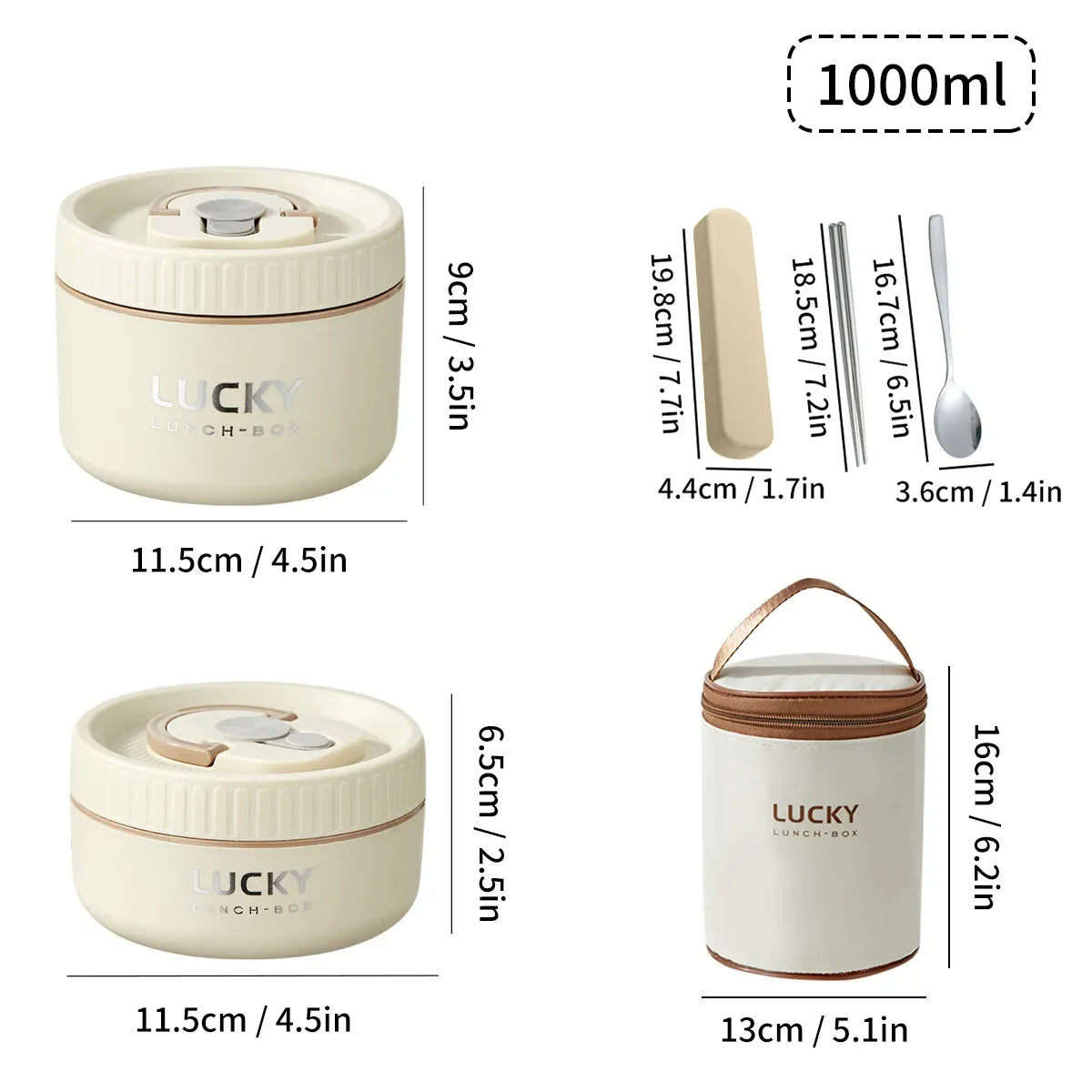 Essentialshouses Beige 1000ML 304 Stainless Steel Insulated Bento Box Microwave Heatable Round Sealed Thermal Lunch Box For Kids Students Food Container
