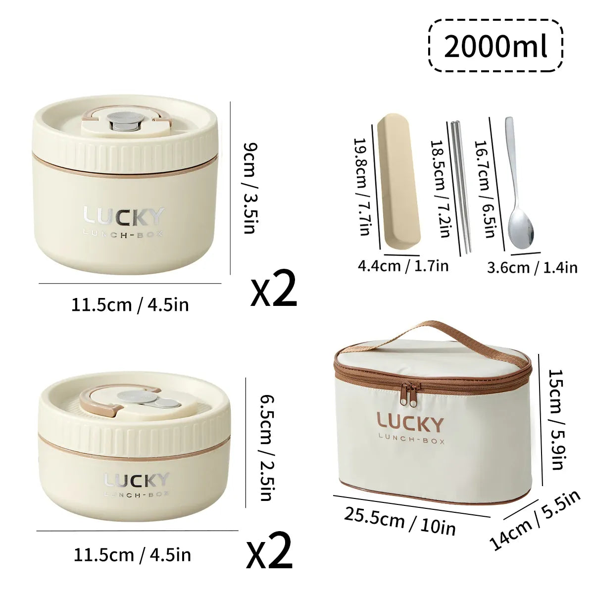Essentialshouses Beige 2000ML 304 Stainless Steel Insulated Bento Box Microwave Heatable Round Sealed Thermal Lunch Box For Kids Students Food Container