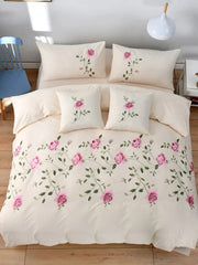 Essentialshouses Beige / Queen-6pcs / Flat Bed Sheet linen Flowers Embroidery Duvet Cover